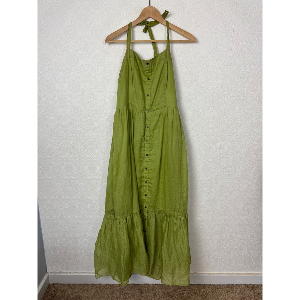 Banana Republic Green Ramie Cotton Tiered Maxi Dress Halter Size Large Casual